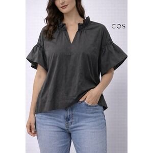 COS Women's Size M Grey Gathered Neck Short Sleeve Top